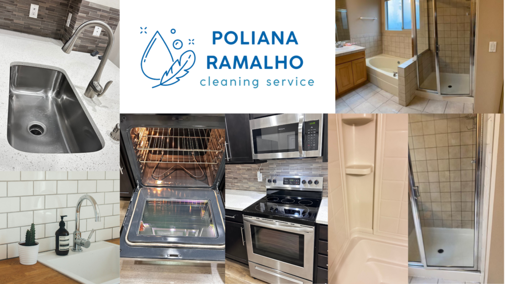 Collage of Poliana Ramalho Cleaning crew working in various areas of a home, including kitchen cleaning, scrubbing a sink, wiping down an oven, and deep cleaning a bathroom.