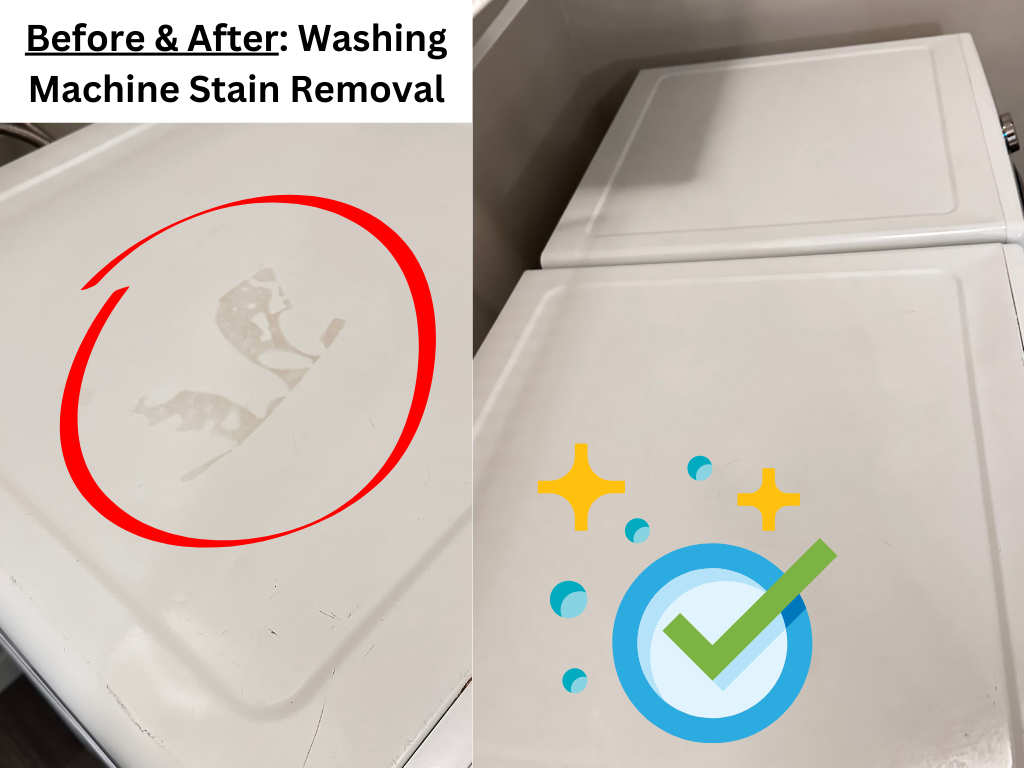 Side-by-side before and after photos showing a washing machine with a noticeable stain being effectively cleaned and restored by the Poliana Ramalho Cleaning team.